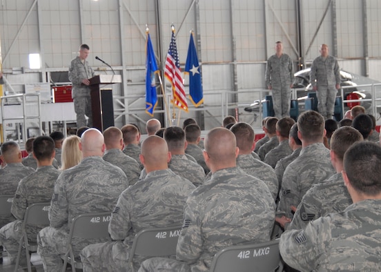 Team Edwards honored 35 designated crew chiefs of the 445th Aircraft Maintenance Unit March 5 with a recognition ceremony in Hangar 1207. The ceremony, which marked the program's return to Edwards also highlighted the importance of the designated crew chiefs, as well as their incredible responsibility. (Air Force Photo by Laura Mowry)