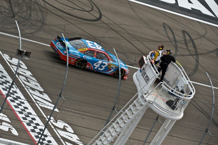 Aric Almirola, race car driver for the Air Force-sponsored car No. 43, completes lap 120 during NASCAR Sprint Cup Series Race at the Las Vegas Motor Speedway March 9, 2012, in Las Vegas, Nev. Almirola competed in the Kobalt Tools 400 race at the Las Vegas Motor Speedway and finished 24 in a field of 43 cars. (U.S. Air Force photo by Airman 1st Class Daniel Hughes)