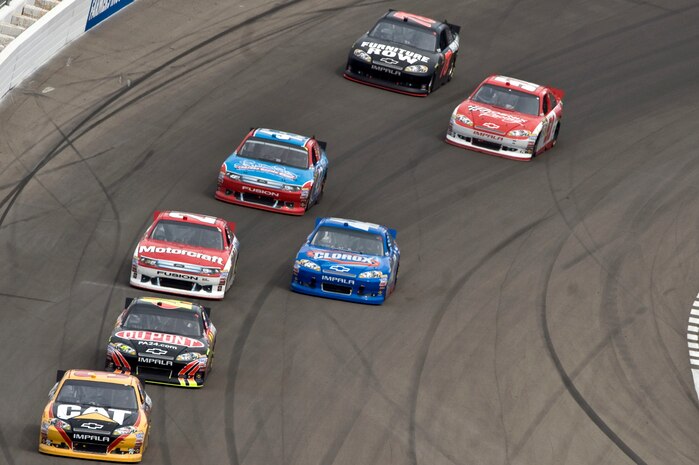 Aric Almirola, NASCAR race car driver for the Air Force-sponsored car No. 43, drives around corner number four, during the NASCAR Sprint Cup Series Race at the Las Vegas Motor Speedway March 9, 2012, in Las Vegas, Nev. Almirola competed in the Kobalt Tools 400 race at the Las Vegas Motor Speedway and finished 24 in a field of 43 cars. (U.S. Air Force photo by Airman 1st Class Daniel Hughes)
