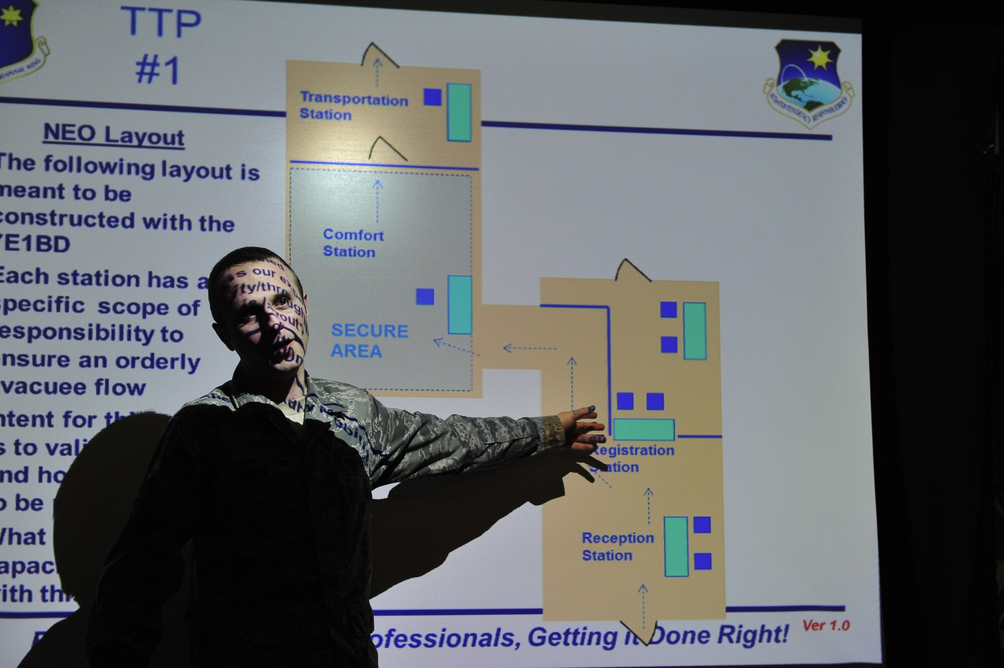 JOINT BASE MCGUIRE-DIX-LAKEHURST, N.J. – Staff Sgt. Tanner Krien, 817th Contingency Response Group air transportation specialist, briefs the layout of a passenger processing tent during mission planning for the simulated emergency evacuation of U.S. citizens ahead of a volcanic eruption here March 6. The noncombatant evacuation operation is a mission the unit has never performed, and honing these skills adds a new capability to the Contingency Response Wing’s toolset. (U.S. Air Force photo by Tech. Sgt. Parker Gyokeres) (Released)