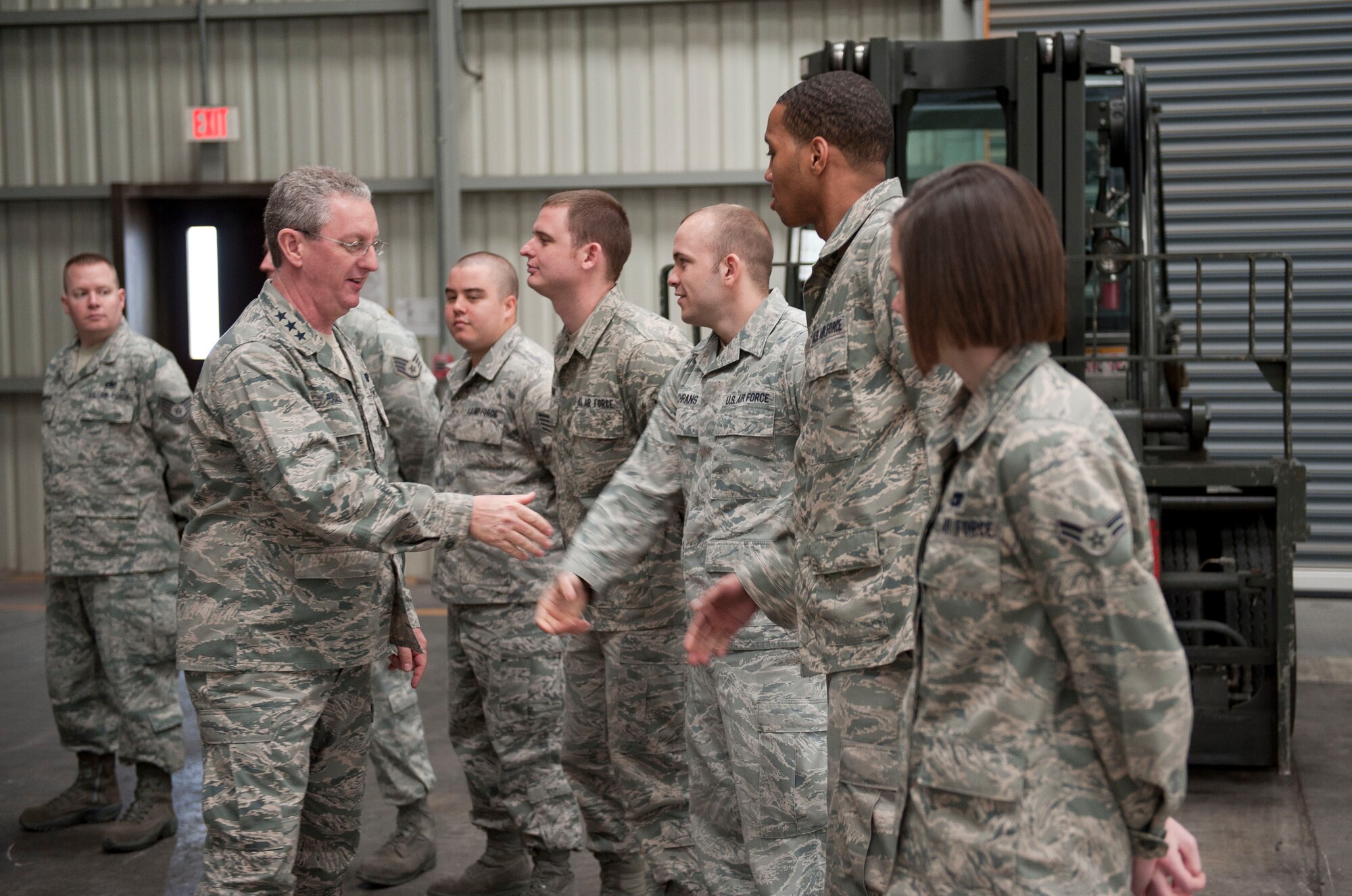 Lt. Gen. Mark Ramsay, 18th Air Force commander, greets Airmen from the 728th Air Mobility Squadron during a visit March 12, 2012, at Incirlik Air Base, Turkey. Ramsay toured several facilities and visited Airmen to thank them for their service. (U.S. Air Force photo by Senior Airman Clayton Lenhardt/Released)