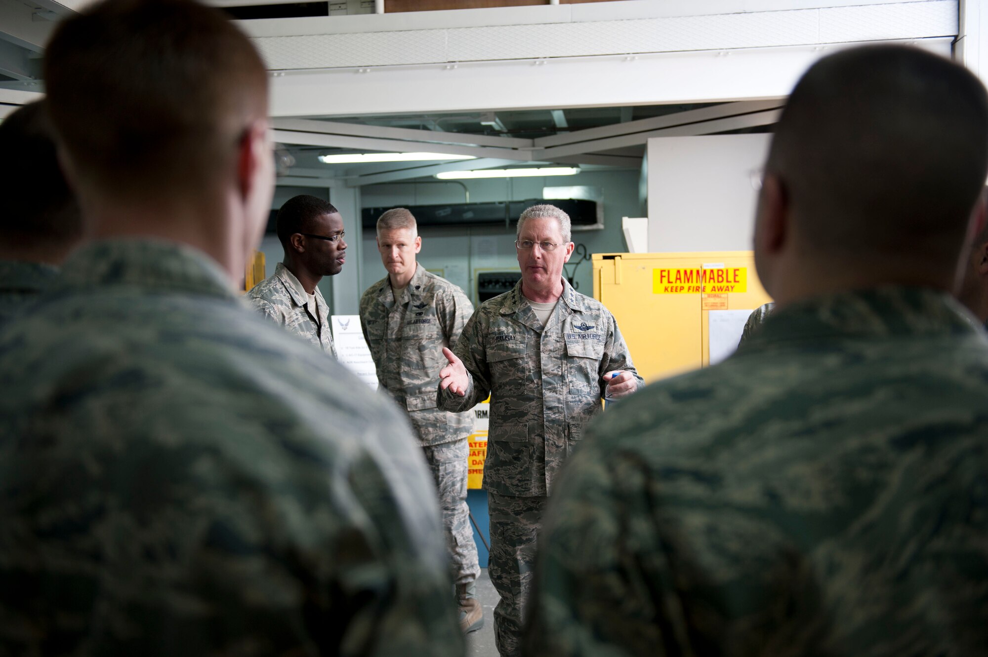 Lt. Gen. Mark Ramsay, 18th Air Force commander, speaks with Airmen from the 728th Air Mobility Squadron during a visit March 12, 2012, at Incirlik Air Base, Turkey. Ramsay toured several facilities and visited Airmen to thank them for their service. (U.S. Air Force photo by Senior Airman Clayton Lenhardt/Released)