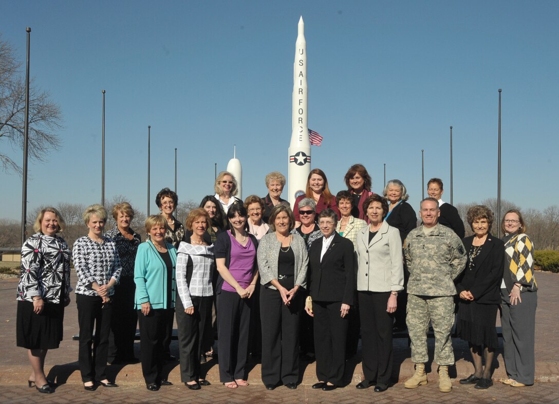 OFFUTT AIR FORCE BASE, Neb. - Maj. Gen. William Grimsley, Chief of Staff, U.S. Strategic Command, welcomes members of the Durham Museum On Track Guild during their visit to the command March 13.  The On Track Guild is an organization that supports the Durham Museum through volunteerism, fund raising, and promotion to the community.