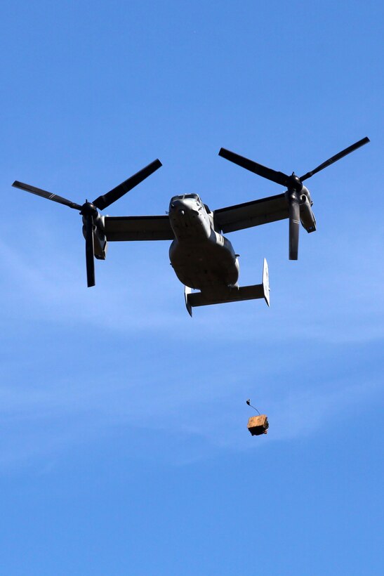 An MV-22 Osprey launches a Container Delivery System March 13 during air delivery operations training here at Landing Zone Falcon. The training certified Marines with the air delivery attachment of Combat Logistics Battalion 24, 24th Marine Expeditionary Unit in conducting air delivery operations.