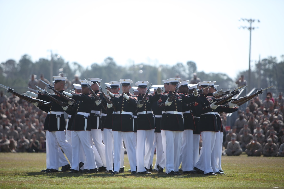 Marine Corps Base Camp Lejeune hosted a performance by the Marine Corps Silent Drill Platoon, in which the 24-man rifle platoon demonstrated poise and discipline as they carried out precision drill movements without the aid of verbal commands.