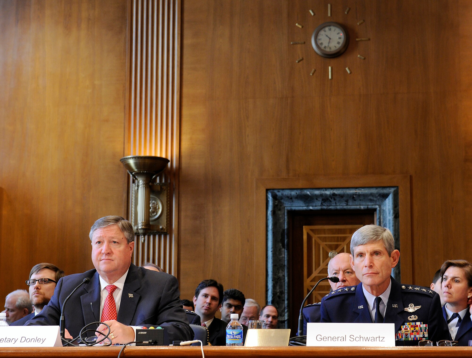 Secretary of the Air Force Michael Donley and Air Force Chief of Staff Gen. Norton Schwartz provide testimony about the Air Force’s FY13 budget request before the U.S. Senate Appropriations Subcommittee on Defense on March 14, 2012, in Washington, D.C.  (U.S. Air Force photo/Scott M. Ash)