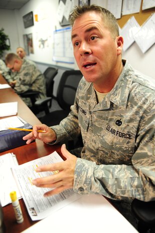 Technical Sgt. Brandon Hutchins provides feedback during an interpersonal discussion exercise with Airman Leadership School students in the ALS flight room at Joint Base Charleston - Air Base Mar. 2. The interpersonal discussions reflect possible scenarios a supervisor may encounter with future subordinates.  Hutchins is the ALS non-commissioned officer in charge . (U.S. Air Force photo illustration/Staff Sgt. Katie Gieratz)

