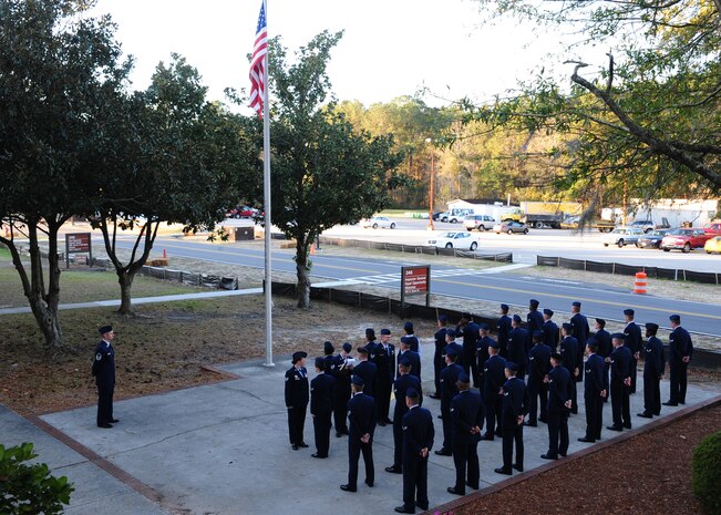 Airman Leadership School students undergo a uniform inspection after Reveille at Joint Base Charleston - Air Base Mar. 5. ALS students conduct Reveille and Retreat ceremonies to re-instill military tradition and enlisted heritage. (U.S. Air Force photo/Staff Sgt. Katie Gieratz)
