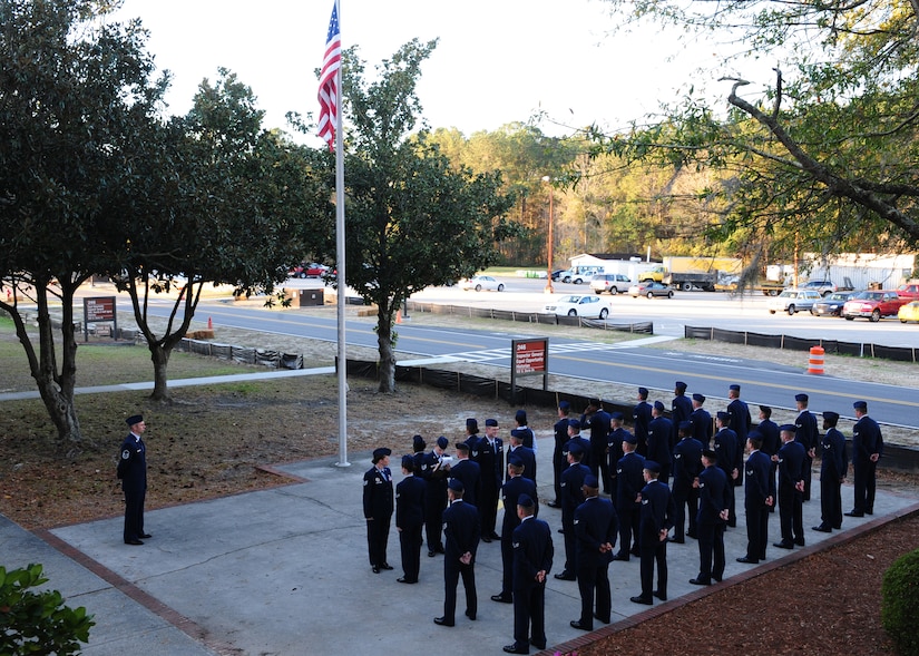 Airman Leadership School students undergo a uniform inspection after Reveille at Joint Base Charleston - Air Base Mar. 5. ALS students conduct Reveille and Retreat ceremonies to re-instill military tradition and enlisted heritage. (U.S. Air Force photo/Staff Sgt. Katie Gieratz)
