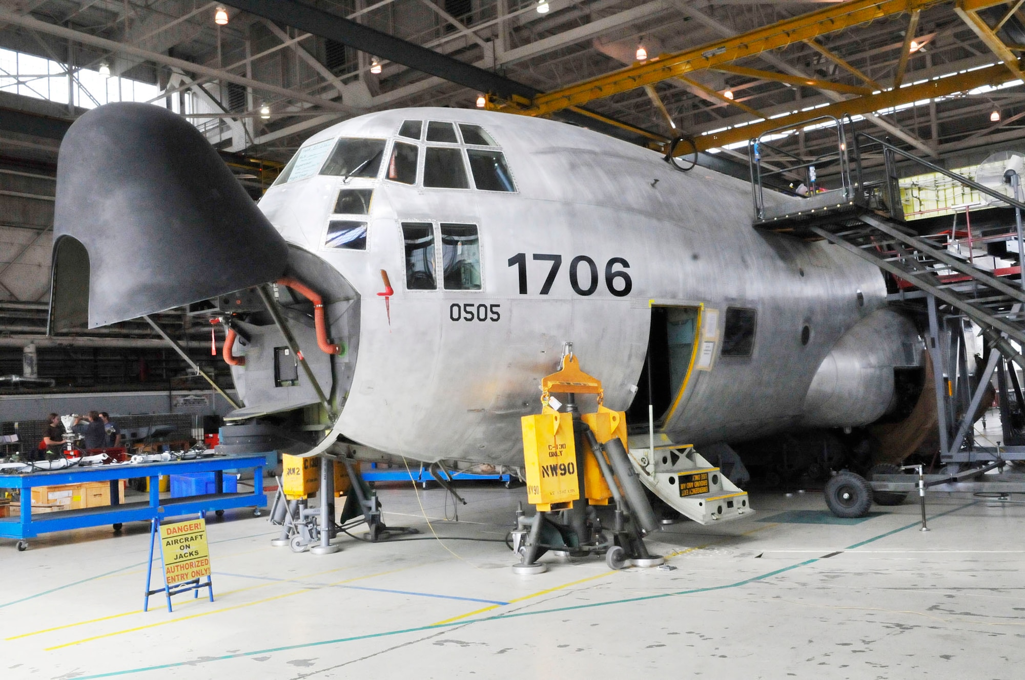A Coast Guard C-130 is  here at Robins for maintenance. (U. S. Air Force photo by Sue Sapp)