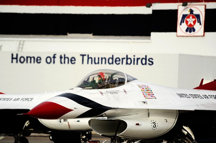 Maj. Caroline Jensen, Thunderbird 3, Right Wing pilot, taxis out for a training sortie at Nellis Air Force Base, Nev., March 12, 2012.
(U.S. Air Force photo/Staff Sgt. Larry E. Reid Jr., Released)