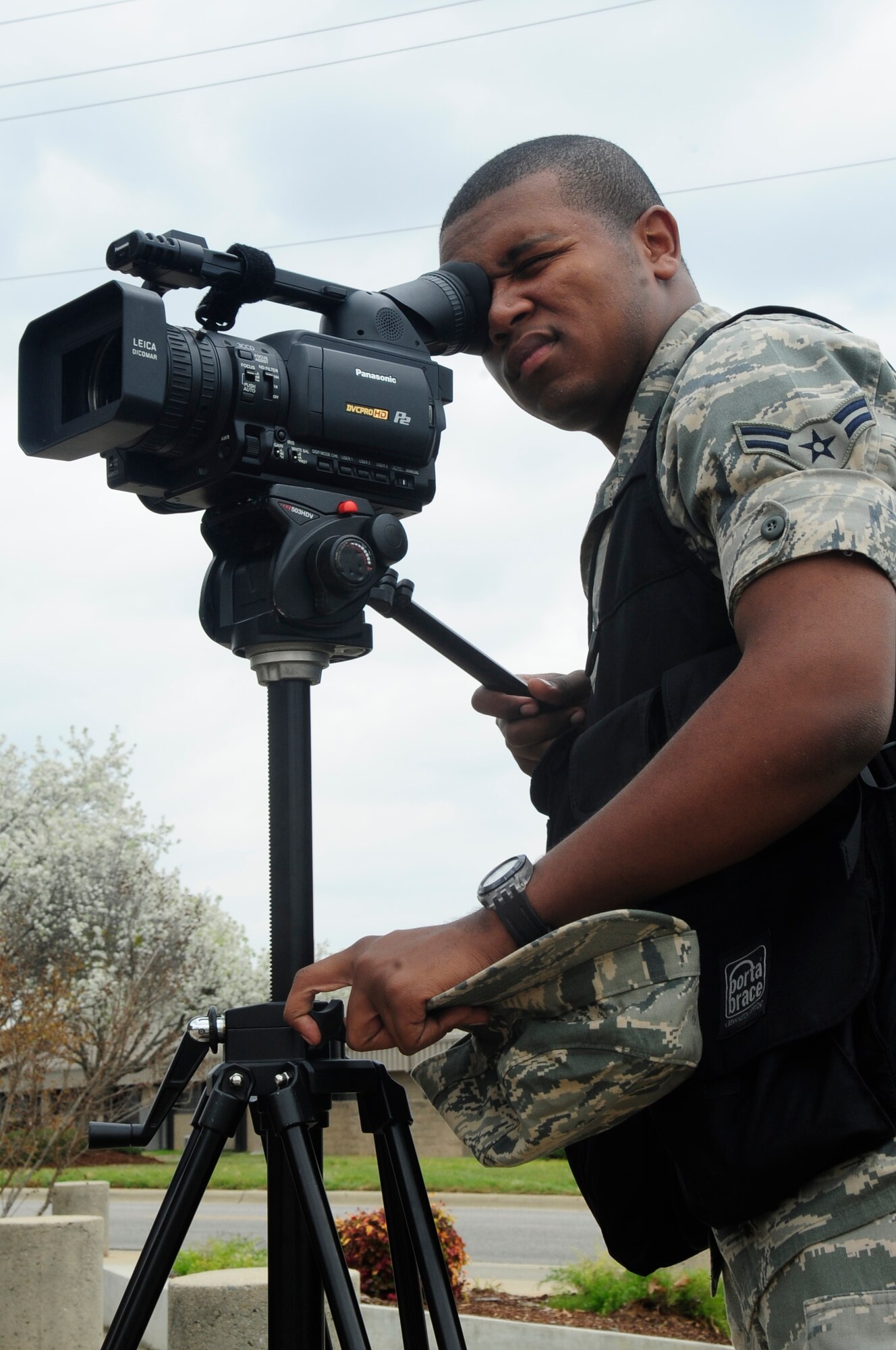 U.S. Air Force Airman 1st Class Blake Hubbard, 20th Fighter Wing Public Affairs broadcaster, poses for his Shaw Spotlight photo at Shaw Air Force Base, S.C., Mar. 13, 2012. An airman is nominated weekly due to their outstanding progression and effort. (U.S. Air Force photo by Airman 1st Class Hunter Brady/ Released)