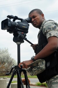 U.S. Air Force Airman 1st Class Blake Hubbard, 20th Fighter Wing Public Affairs broadcaster, poses for his Shaw Spotlight photo at Shaw Air Force Base, S.C., Mar. 13, 2012. An airman is nominated weekly due to their outstanding progression and effort. (U.S. Air Force photo by Airman 1st Class Hunter Brady/ Released)