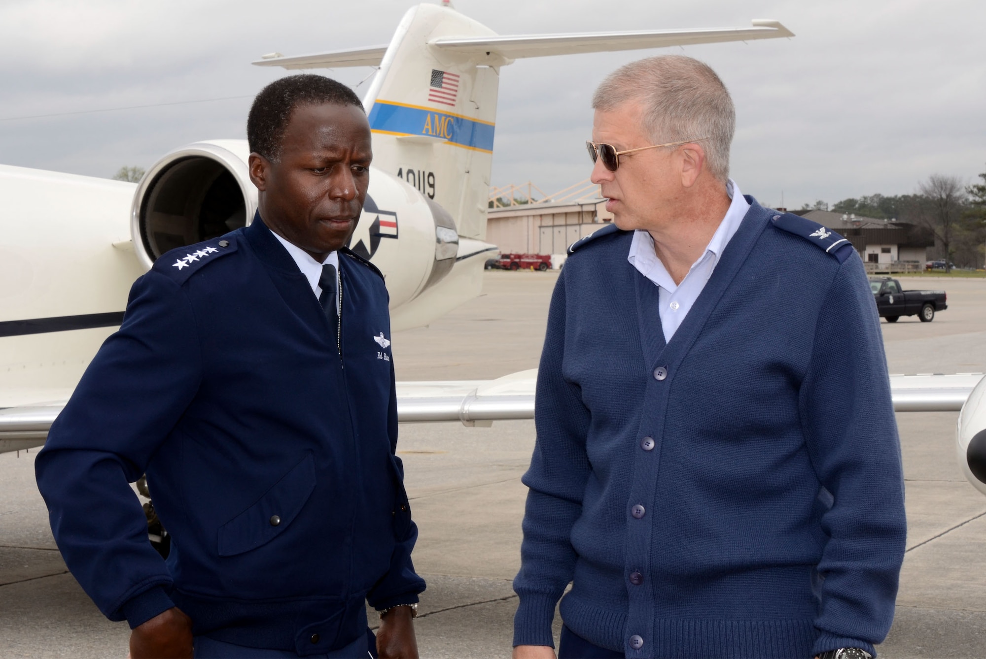 Gen. Edward A. Rice Jr., Air Education and Training Command, commander, Randolph Air Force Base, Texas is greeted by Col. Timothy E. Tarchick, 94th Airlift Wing commander upon his arrival here March 12. (U.S. Air Force photo/Don Peek)