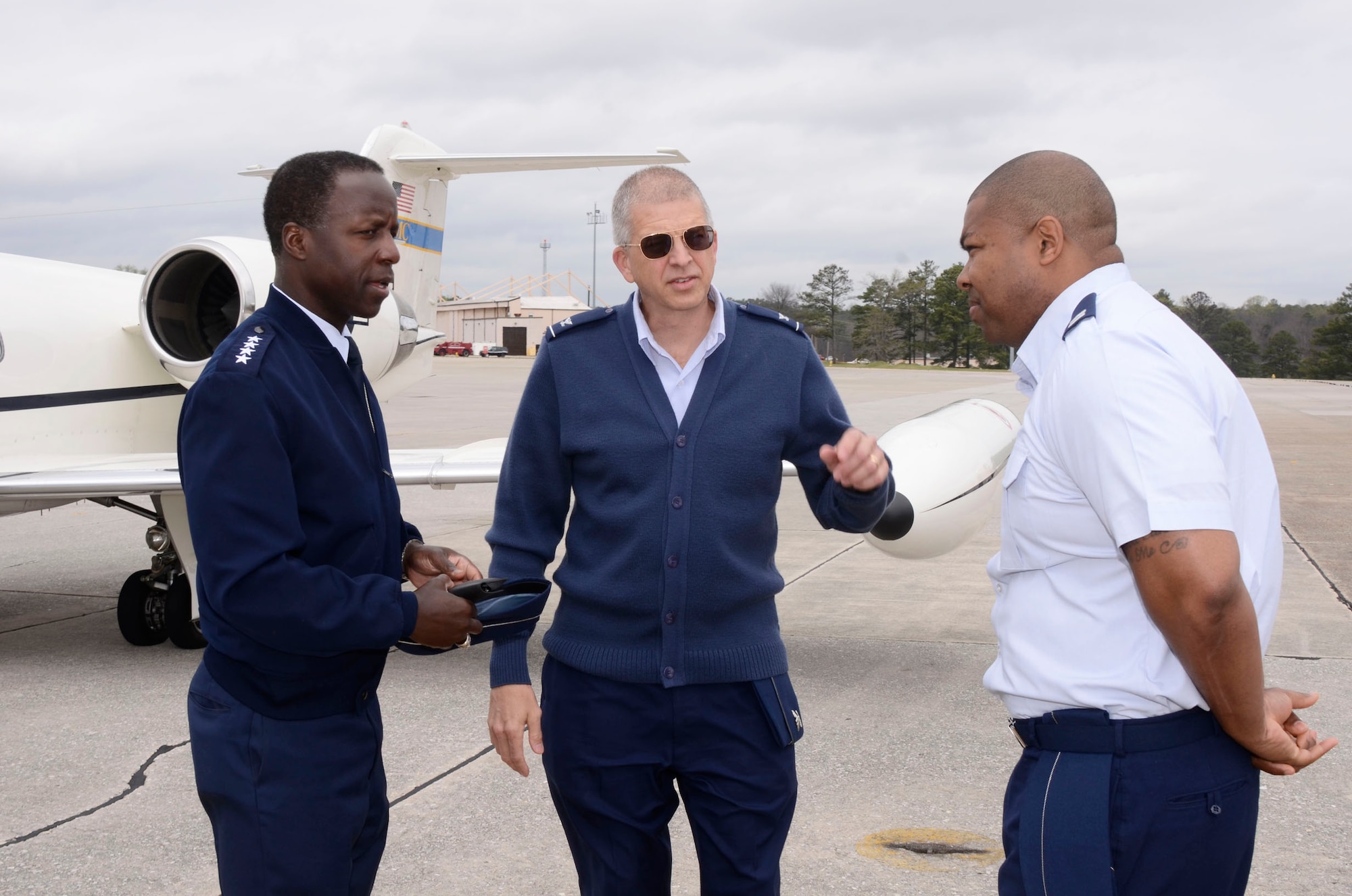 Gen. Edward A. Rice Jr., Air Education and Training Command, commander, Randolph Air Force Base, TX is greeted by Col. Timothy E. Tarchick, Commander of the 94th Airlift Wing and Capt. Quincy D. Hudson, 94th Airlift Wing Protocol officer  upon his arrival here March 12. (U.S. Air Force photo/Don Peek)
