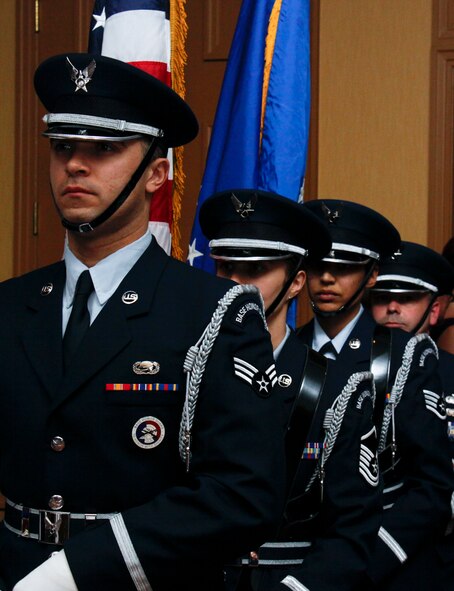 The 911th Airlift Wing’s Base Honor Guard stands ready to Post the Colors during the 2012 Awards Banquet held at The Embassy Suites in Coraopolis, Pa., March 3, 2012. The Honor Guard presents the Colors at numerous area events throughout the year in support of military, veterans and official events. (U.S. Air Force photo by Airman 1st Class Justyne Obeldobel/Released)