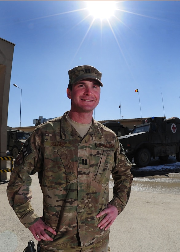 Air Force Capt. William Boland, force support adviser with the 439th Air Expeditionary Advisory Squadron, poses in front of the medical clinic at Kabul International Airport. The captain came to the aid of a Coalition partner who suffered a seizure Feb.18, 2012.. (U.S. Air Force photo by Staff Sgt. Nadine Y. Barclay) 
