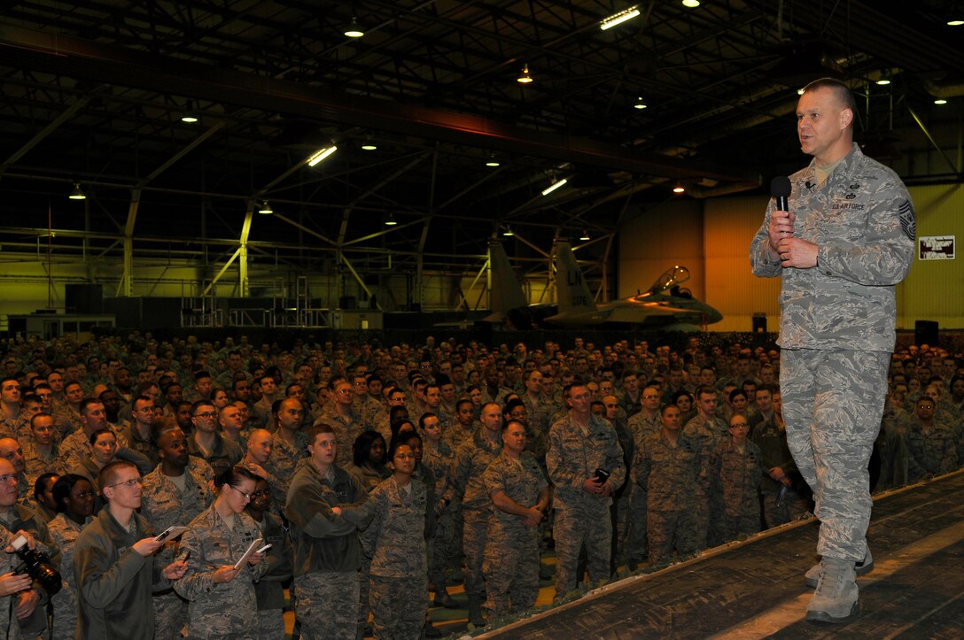 ROYAL AIR FORCE LAKENHEATH, England -- Chief Master Sgt. of the Air Force James Roy speaks to members of RAFs Lakenheath and Mildenhall during an Airmen's Call in an aircraft hangar March 13, 2012.  During the Airmen's Call, CMSAF Roy spoke on topics including force-shaping, enlisted performance reports, changes to retirement and the effects budgetary changes will have on the way the Air Force does business.  (U.S. Air Force photo by Staff Sgt. Connor Estes)