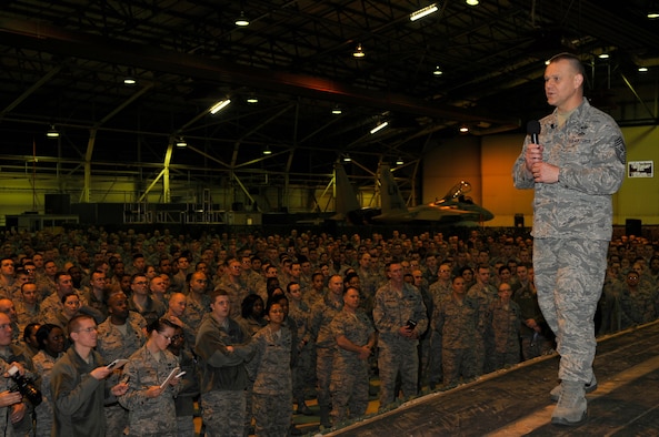 ROYAL AIR FORCE LAKENHEATH, England -- Chief Master Sgt. of the Air Force James Roy speaks to members of RAFs Lakenheath and Mildenhall during an Airmen's Call in an aircraft hangar March 13, 2012.  During the Airmen's Call, CMSAF Roy spoke on topics including force-shaping, enlisted performance reports, changes to retirement and the effects budgetary changes will have on the way the Air Force does business.  (U.S. Air Force photo by Staff Sgt. Connor Estes)