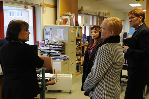 RAF CROUGHTON, United Kingdom - Dolly Crooks, RAF Croughton Elementary School principal, speaks with Paula Roy, wife of Chief Master Sgt. of the Air Force James Roy, about a joint collaborative effort between the school and parents to continuously improve the skills and knowledge of all students. Crooks also briefed Roy on the challenges and opportunities presented by a small school. (U.S. Air Force photo by Senior Airman Joel Mease)