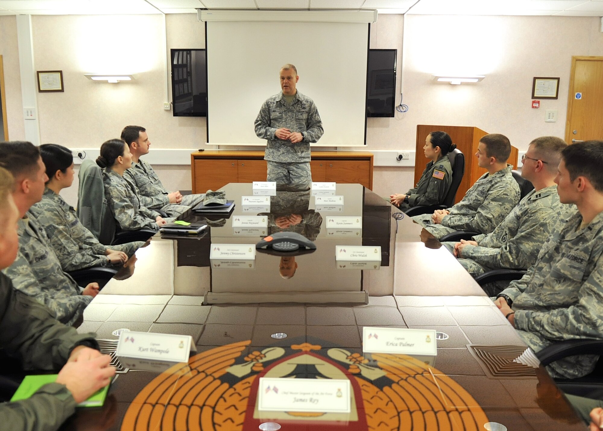 RAF MILDENHALL, England -- Chief Master Sgt. of the Air Force James Roy speaks to a group of company grade officers at the 100th Operations Group here March 13, 2012. Roy spoke of a few changes the Air Force will see and sought feedback on the effects it will have on their people. (U.S. Air Force photo/Senior Airman Jerilyn Quintanilla)  