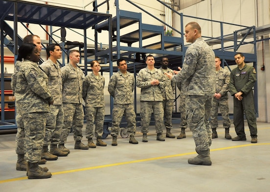 RAF MILDENHALL, England -- Chief Master Sgt. of the Air Force James Roy meets with a group of first line supervisors in Hangar 814 here March 13, 2012. Roy addressed issues, concerns and rumors brought to them by the Airmen they supervise. (U.S. Air Force photo/Senior Airman Jerilyn Quintanilla)