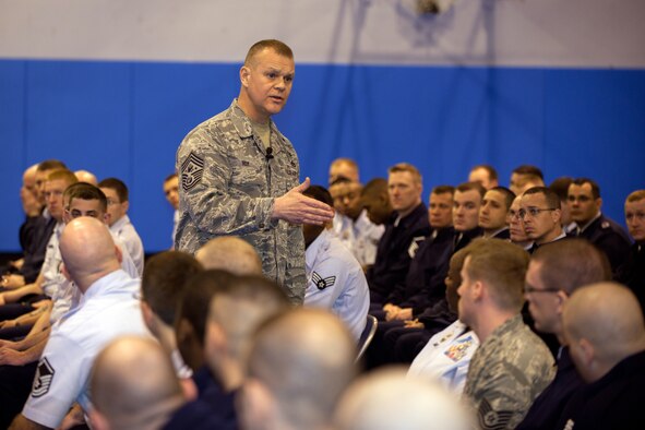 Chief Master Sgt. of the Air Force James Roy speaks to Airmen during an all-call at the RAF Croughton Fitness Center March 12. Roy covered a variety of topics, from resiliency to force structure changes, before answering Airmen’s questions. (U.S. Air Force photo by Tech. Sgt. John Barton)