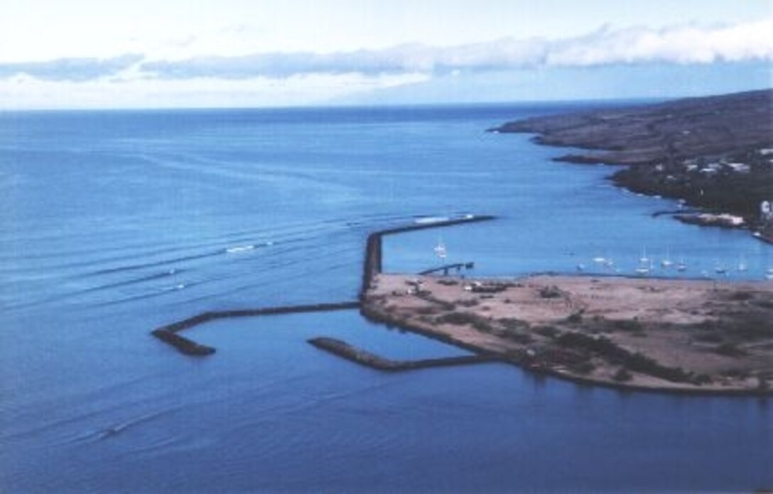 Aerial photograph of the small boat harbor at Kawaihae on the island of Hawaii. The Corps completed the project in July 1998. The project is adjacent to the deep draft harbor.