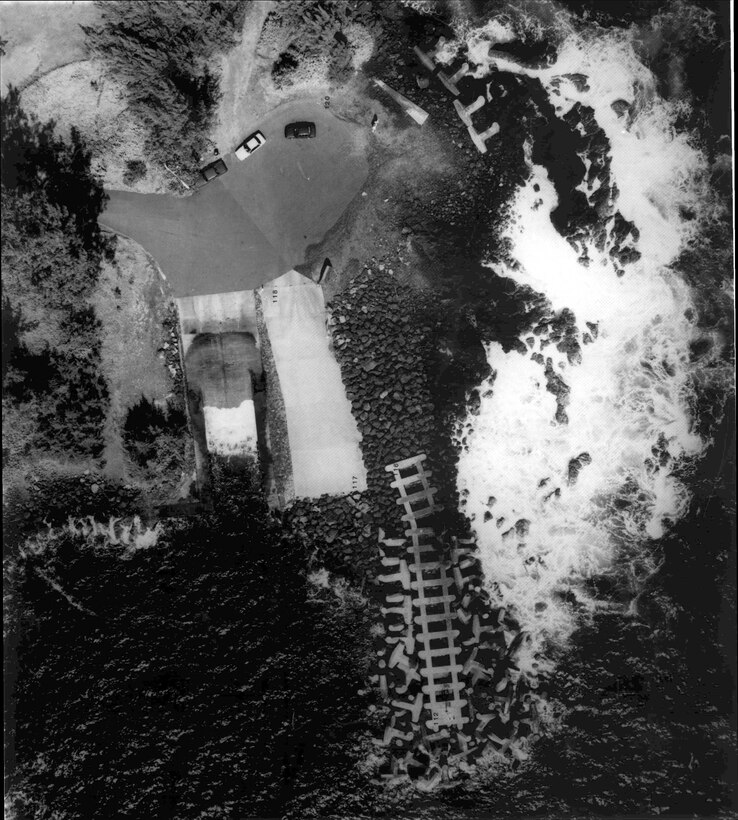 Aerial photograph(s) of the Laupahoehoe Harbor located on the island of Hawaii. The Corps completed the project in August 1988. 
