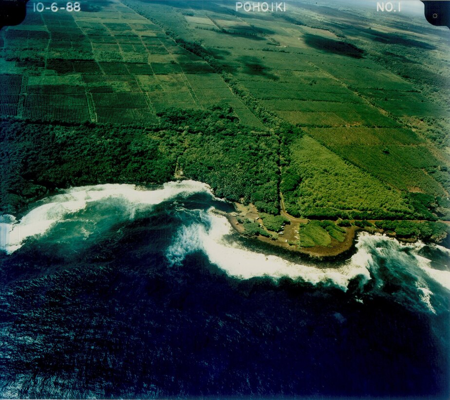 Aerial photograph of the harbor at Pohoiki located on the island of Hawaii. The Corps completed the project in April 1979. Maintenance dredging was accomplished in 2001. 
