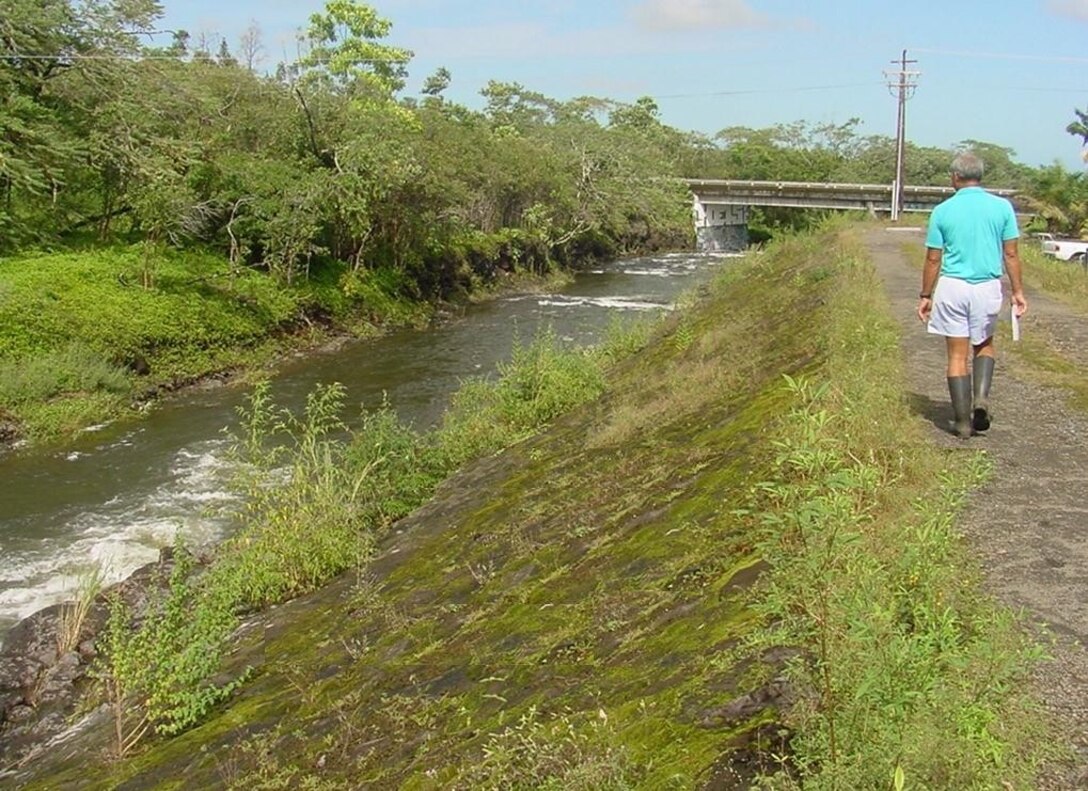 View of diversion levee No. 4 at the Wailoa Stream Flood Control Project. 
