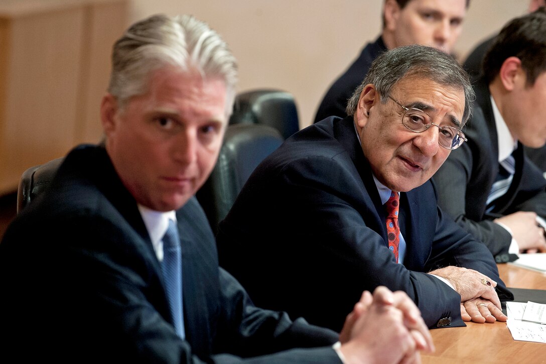 U.S. Defense Secretary Leon E. Panetta, right, and David McCormick, U.S. Embassy acting deputy chief of mission, met with Kyrgyz defense leaders in Bishkek, Kyrgyzstan, March 13, 2012.