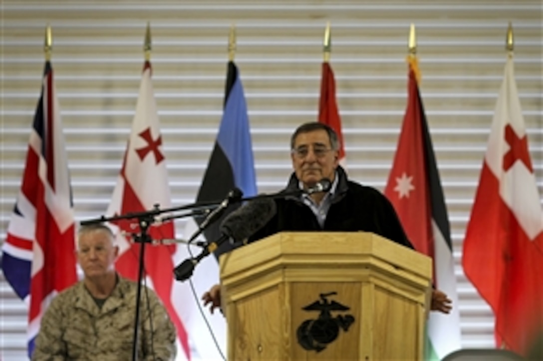 U.S. Defense Secretary Leon E. Panetta addresses nearly 200 U.S., Afghan and coalition troops during a town hall meeting on Camp Leatherneck, Afghanistan, March 14, 2012. Panetta expressed his thanks for the sacrifices the troops have made during combat operations in Afghanistan. 
