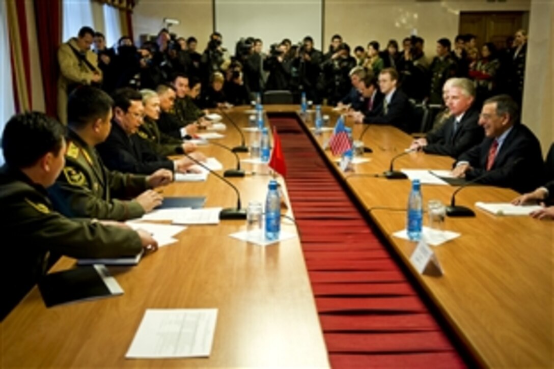 U.S. Defense Secretary Leon E. Panetta meets with Busurmankul Tabaidiev, secretary of the Kyrgystan defense council, in Bishkek, Kyrgystan, March 13, 2012. Panetta met with defense counterparts and troops during his visit.