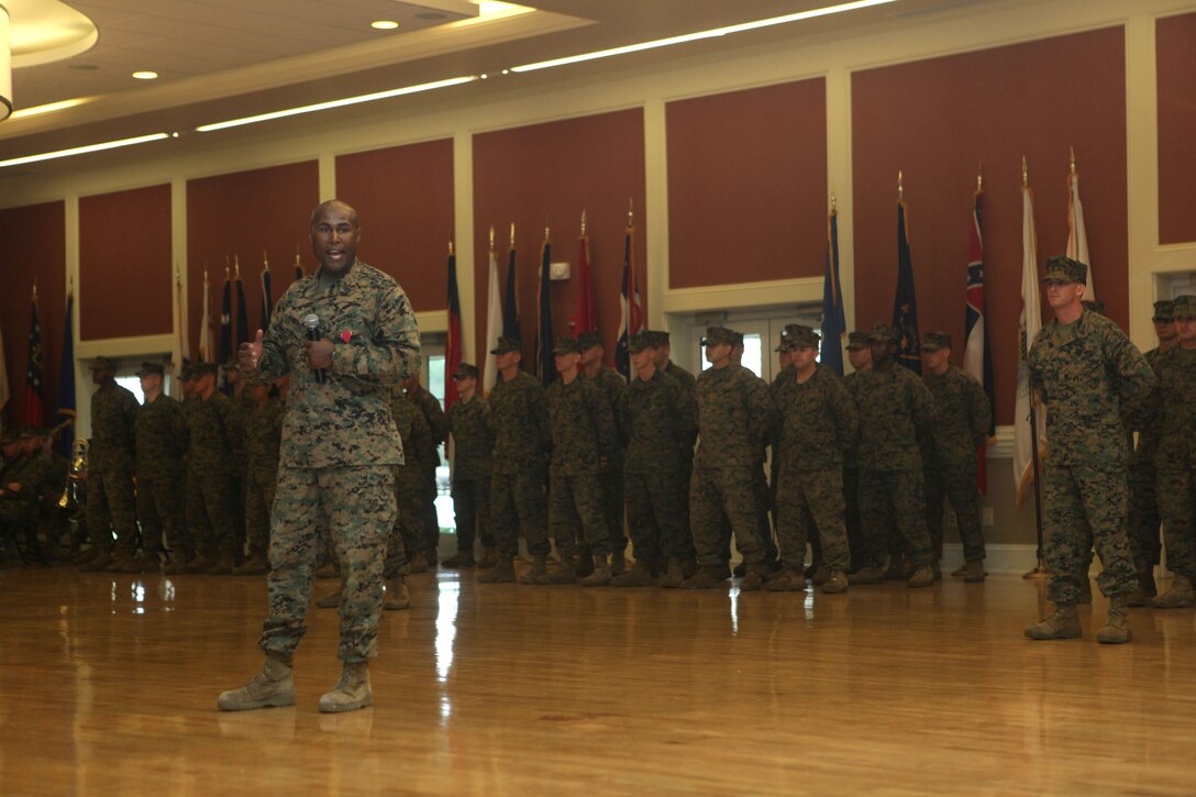 Sgt. Maj. Allen Tanner, II Marine Headquarters Group sergeant major, speaks to attendees during his retirement ceremony, at Marine Corps Base Camp Lejeune, March 12, 2012. Tanner, who is set to retire later this year, has served on 10 separate deployments, over 30 years of active duty service, during which time he was also a drill instructor, and drill instructor trainer.