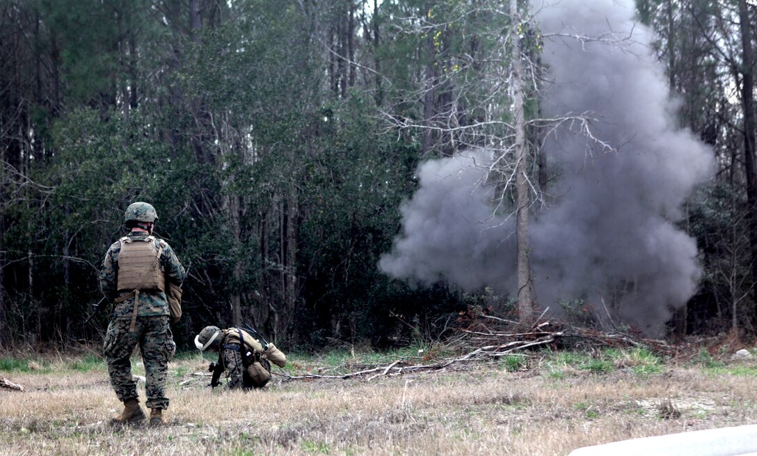 Marines with Production and Analysis Support Company, 2nd Intelligence Battalion, II Marine Expeditionary Force, suffer a casualty after a simulated improvised explosive device strike during training at the Counter IED Lane, March 8. The training provided intelligence analysts with an up close and personnel look at life on the ground while deployed, with the intent of giving the participants a better sense of perspective and understanding while interpreting raw intelligence information during their upcoming deployment.
