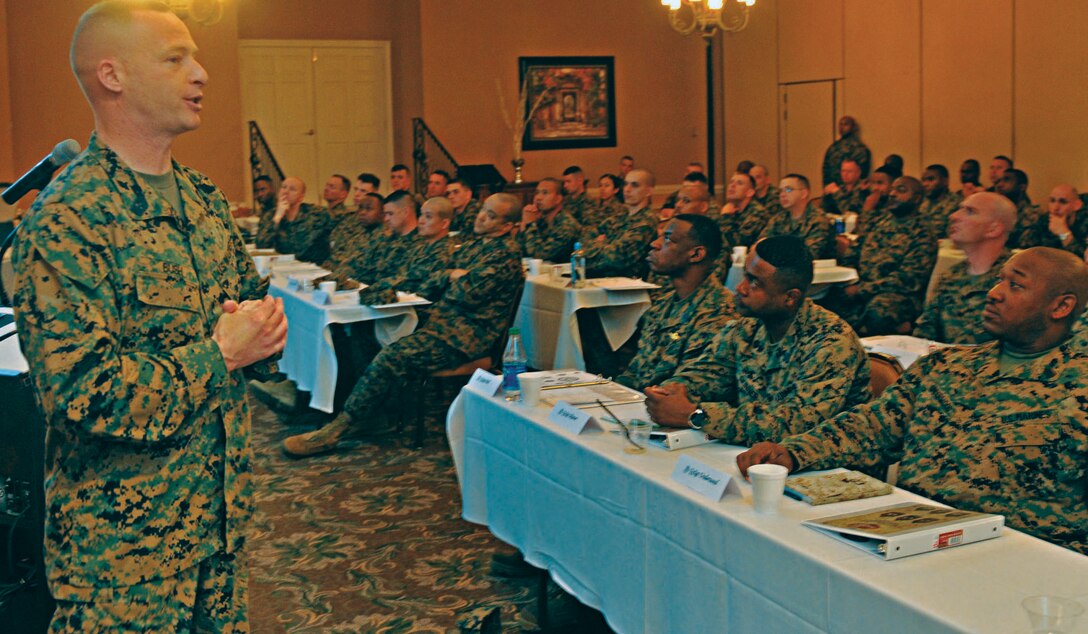 1Master Gunnery Sgt. Phillip Bush briefs staff noncommissioned officers assigned to Marine Corps Logistics Command on suicide prevention during a SNCO Leadership Seminar at Naval Station Mayport, Fla., Feb. 27 - March 2.