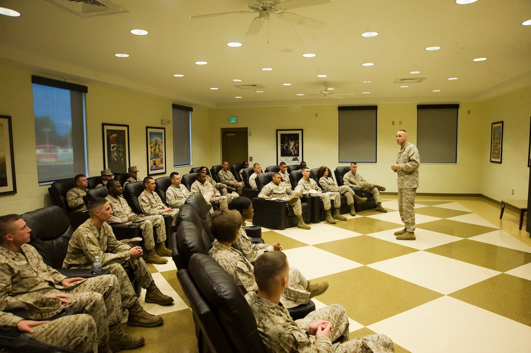 Sgt. Maj. Robert G. VanOostrom, sergeant major, Marine Corps Installations East, speaks to Marine Corps Logistics Base Albany’s noncommissioned officers and junior Marines at the Bachelor Enlisted Quarters, here, Tuesday.