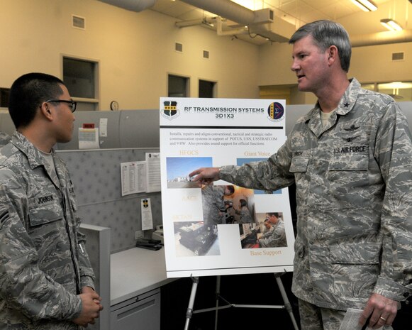 Brig. Gen. David Urich, Director of Communications, Headquarters Air Combat Command, speaks with Airman 1st Class Julian Johnson, 9th Communication Squadron, radio frequency transmission systems apprentice, how tasks are accomplished at Beale Air Force Base, Calif., March 14, 2012. RF Transmission Systems are capable of deploying, sustaining, troubleshooting and repairing the vast variety of communications devices and systems that are integral to the success of the Air Force. (U.S. Air Force photo by Airman 1st Class Samuel W. Sanders/Released)