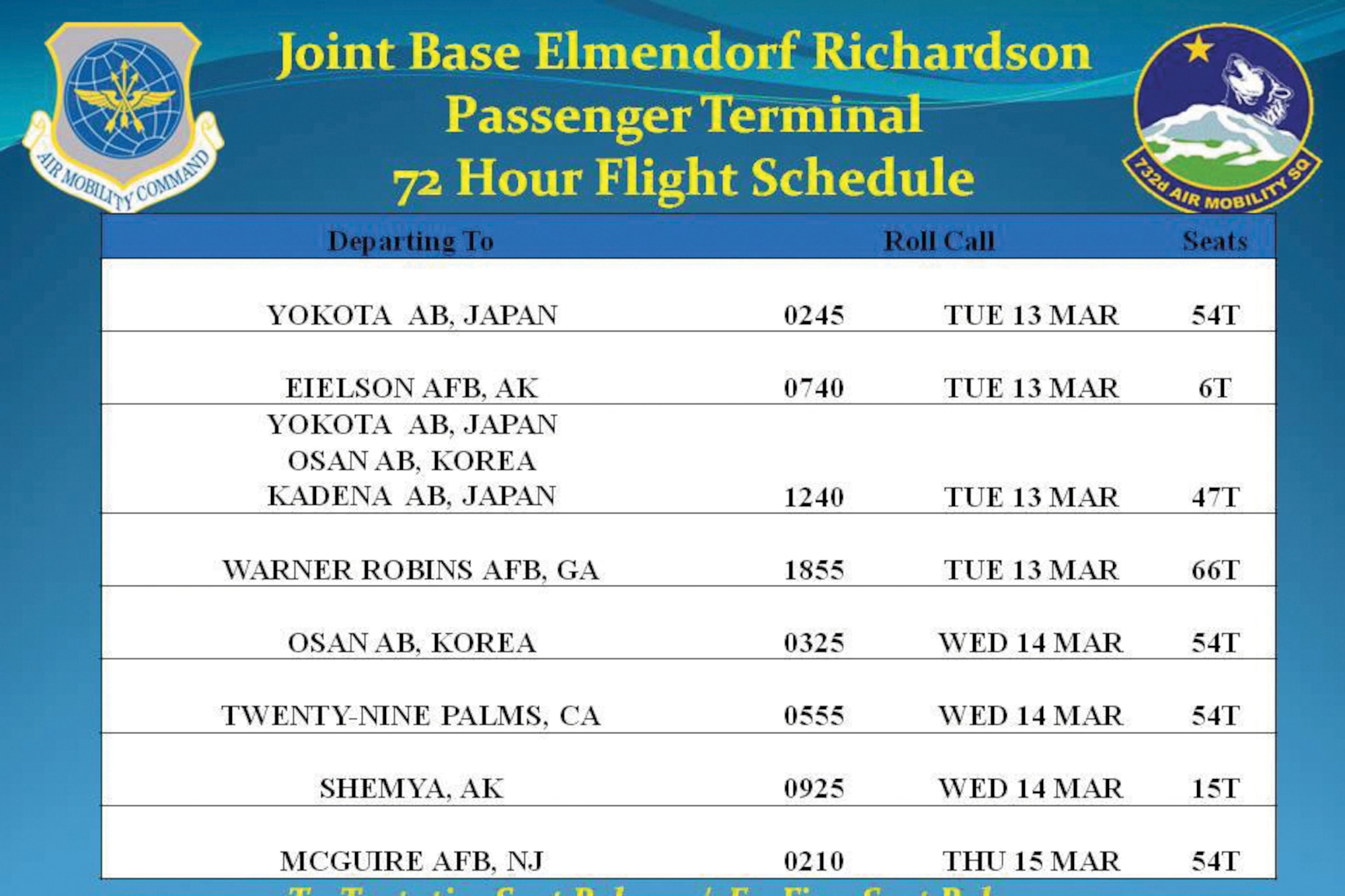 A sample flight schedule shows seats available on aircraft heading to Japan, Georgia, Korea, New Jersey and Cailfornia, as well as to Shemya, Alaska. Schedules are available on the JBER Passenger Terminal?s Facebook page. (Courtesy graphic)