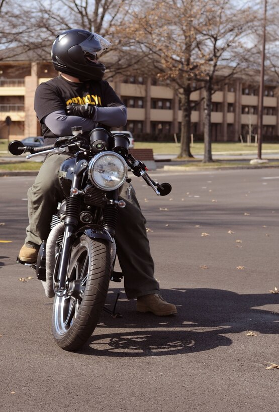 A Team Andrews motorcyclist waits his turn to ride the road course at a motorcycle safety training course at Joint Base Andrews, Md., on March 15, 2012.  The course is required for motorcyclists who ride on base.  To sign up for the course, log on to https://militarysafepmv.com.  (U.S. Air Force photo/Senior Airman Torey Griffith)(released)