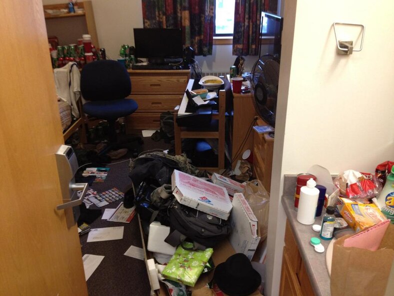 Pictured above is an example of how a dorm room should not look. Dorms should be kept clean and orderly as much as possible on a day-to-day basis. Keeping rooms clean can prevent damage to furniture and injury. (U.S. Air Force courtesy photo)