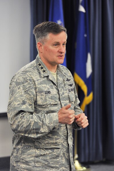 Lord speaks to members deploying to the missile field about the importance of the  mission they support during a pre-departure briefing, March 13. Lord also toured the Missile Procedures Trainer, the T-9 Trainer and a missile alert facility. (U.S. Air Force photo/Beau Wade)