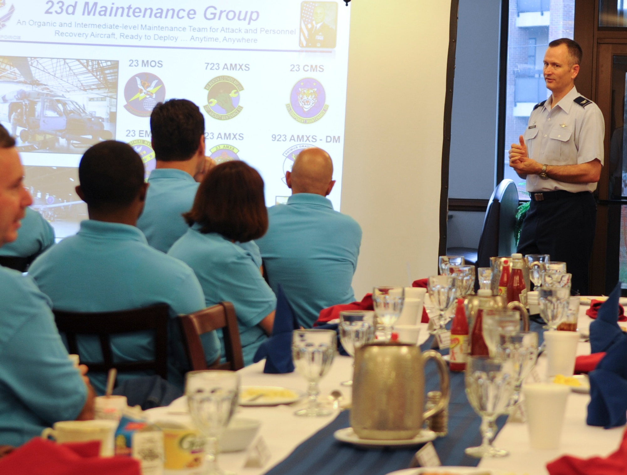 U.S. Air Force Col. Billy Thompson, 23d Wing commander, explains Moody’s various missions to the Leadership Lowndes group during their visit at Moody Air Force Base, Ga., March 15, 2012. Community members in Leadership Lowndes have the opportunity to visit Moody annually in order to gain a better understanding of Moody’s mission capabilities. (U.S. Air Force photo by Airman 1st Class Olivia Dominique/Released)
