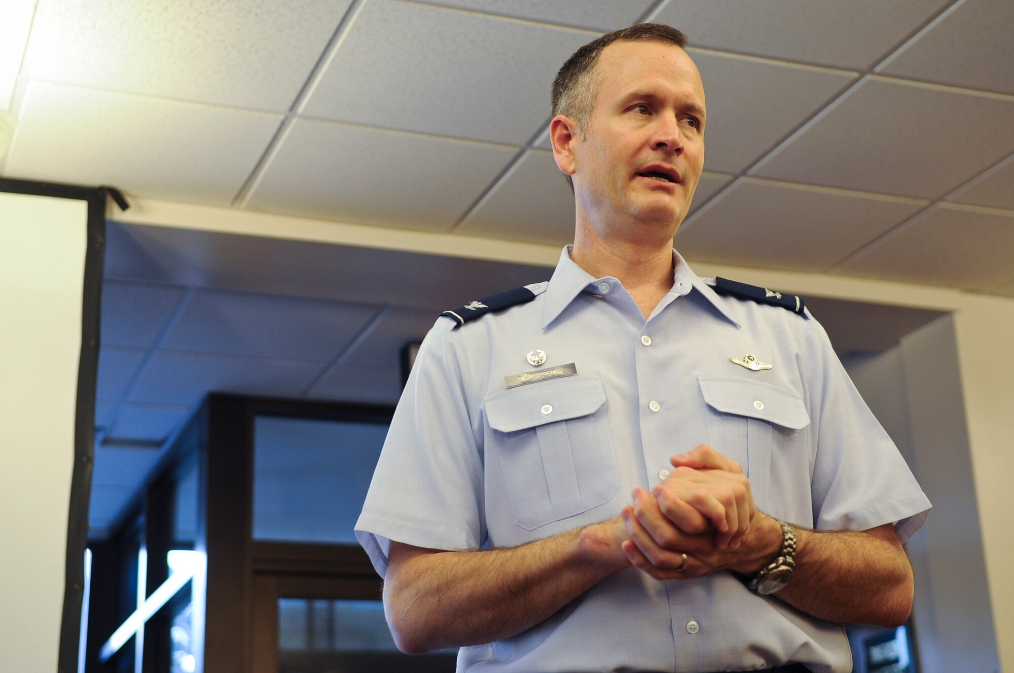 U.S. Air Force Col. Billy Thompson, 23d Wing commander speaks to the members of Leadership Lowndes during their visit to Moody Air Force Base, Ga., March 15, 2012. Leadership Lowndes is a group of community leaders from throughout Lowndes County. (U.S. Air Force photo by Airman 1st Class Olivia Dominique/Released)
