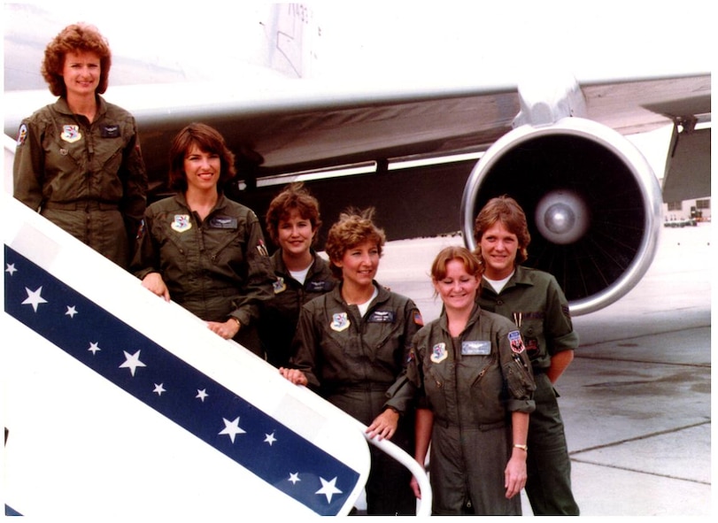 Capt. Marilyn Koon (left), the first female pilot in the Air National Guard, also led the first Air Guard all-female refueling mission in 1984. Her team included (from left) Capt. Carolyn Donohoe, 2nd lt. Janice McBreen, 2nd Lt. Gabrielle Thorp, Staff Sgt. Sharon Johnson and Airman 1st Class Patricia Bourdlais. (Courtesy Photo)