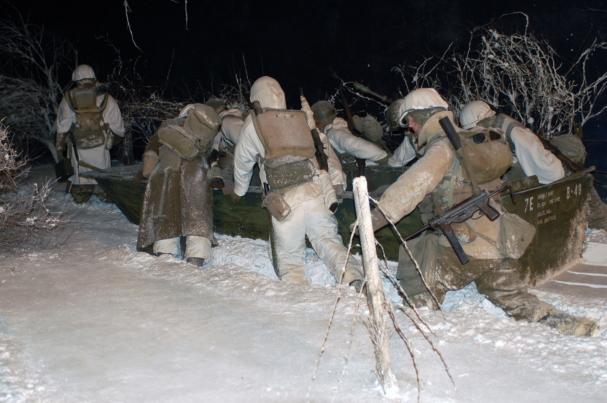 DIERKIRCH, Luxembourg - This diorama scene, located at the National Museum of Military History in Diekirch, Luxembourg, demonstrates how combat engineers and members of the 5th U.S. Infantry Division push an assault boat to the banks of the icebound Sauer River in Diekirch, Jan. 18, 1945. A series of large-scale life-size dioramas, thematic exhibits, weaponry, vehicles, countless original photographs and many personal artifacts tell the story of the liberation of Luxembourg by the United States and allied forces in 1944-45 as well as the history of the “Battle of the Bulge,” at the museum. (U.S. Air Force photo by Iris Reiff/released)