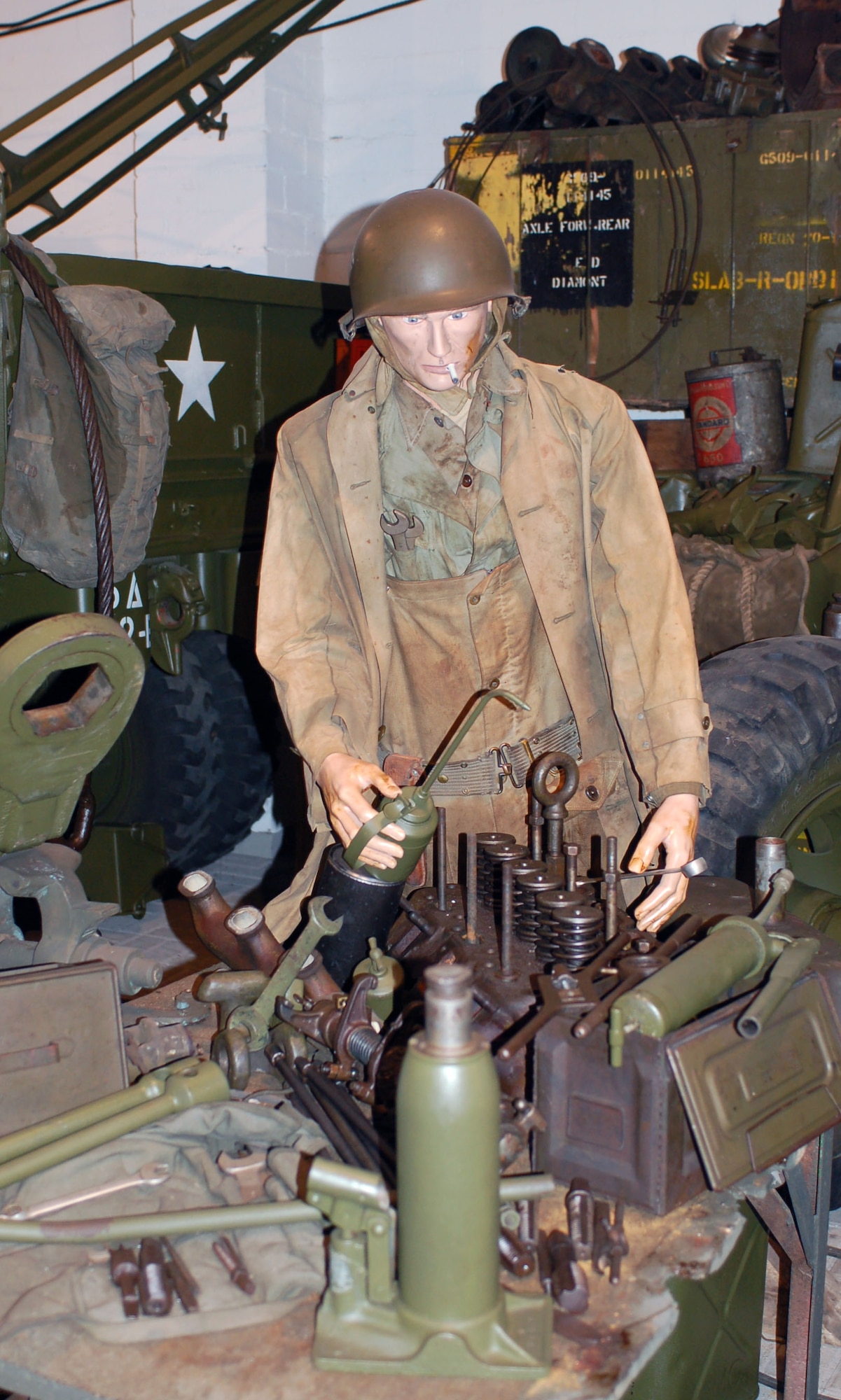 DIERKIRCH, Luxembourg – This diorama scene, located at the National Museum of Military History in Diekirch, Luxembourg, shows a U.S. Army field mechanic repairing a vehicle engine. A series of large-scale life-size dioramas, thematic exhibits, weaponry, vehicles, countless original photographs and many personal artifacts tell the story of the liberation of Luxembourg by the United States and allied forces in 1944-45 as well as the history of the “Battle of the Bulge,” at the museum. (U.S. Air Force photo by Iris Reiff/released)
