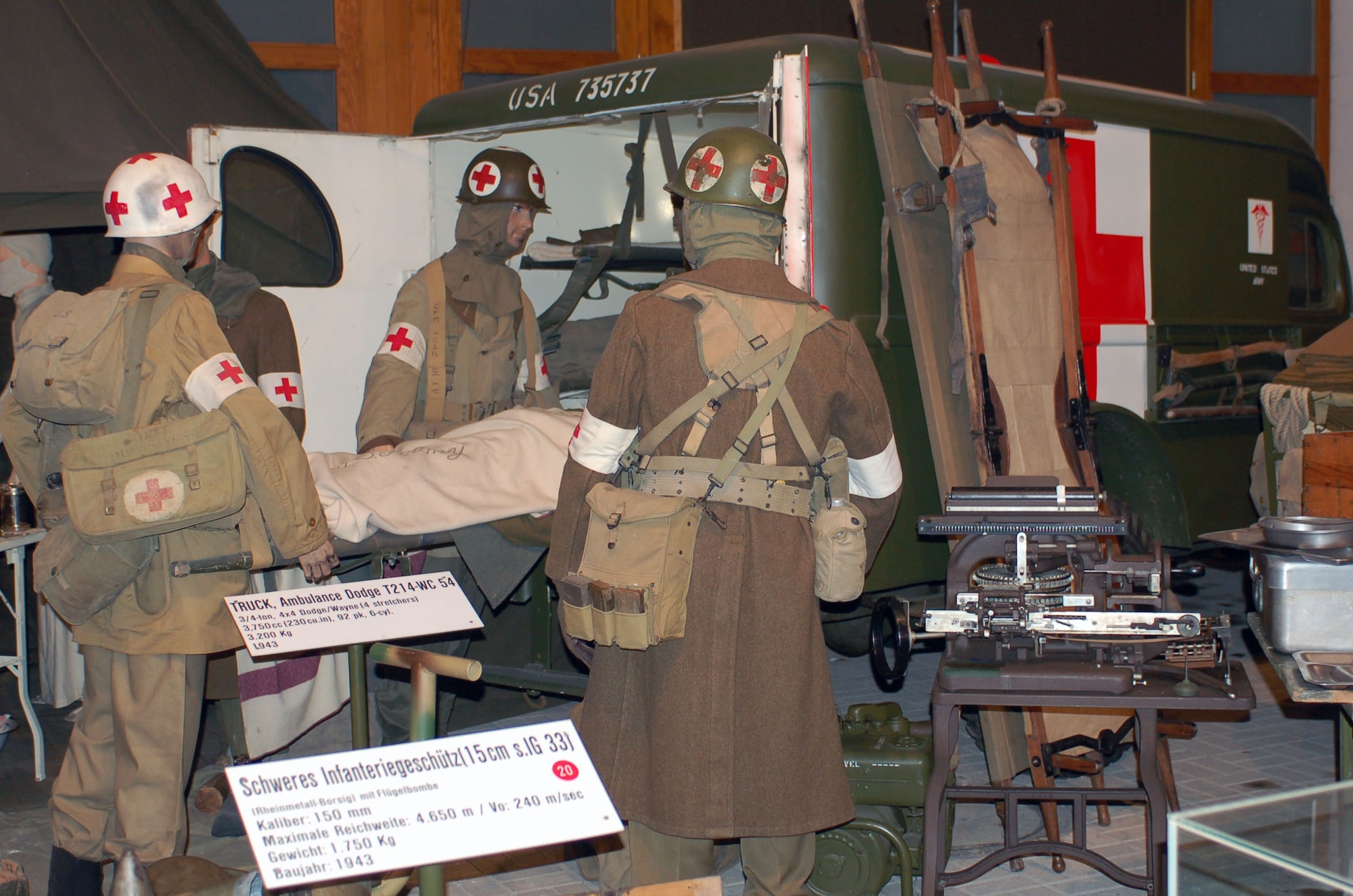 DIERKIRCH, Luxembourg – This diorama scene, located at the National Museum of Military History in Diekirch, Luxembourg, shows U.S. Army medics as they evacuate a wounded Soldier via a World War II Doge Ambulance. A series of large-scale life-size dioramas, thematic exhibits, weaponry, vehicles, countless original photographs and many personal artifacts tell the story of the liberation of Luxembourg by the United States and allied forces in 1944-45 as well as the history of the “Battle of the Bulge,” at the museum. (U.S. Air Force photo by Iris Reiff/released)