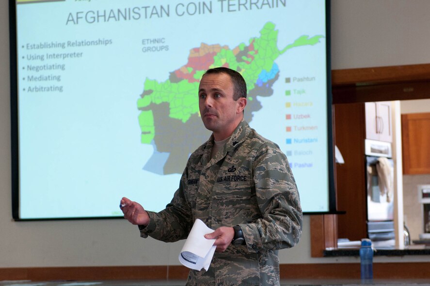 HANSCOM AIR FORCE BASE, Mass. – Lt. Col. Mike McGivern discusses his work training Jordanian women to deploy to Afghanistan as trainers of the Afghan army and police during the Female Engagement Team Luncheon at the base chapel March 9. The luncheon was held as part of Women’s History Month, which celebrates the diverse and historic accomplishments of women throughout the month of March. (U.S. Air Force photo by Linda LaBonte Britt)